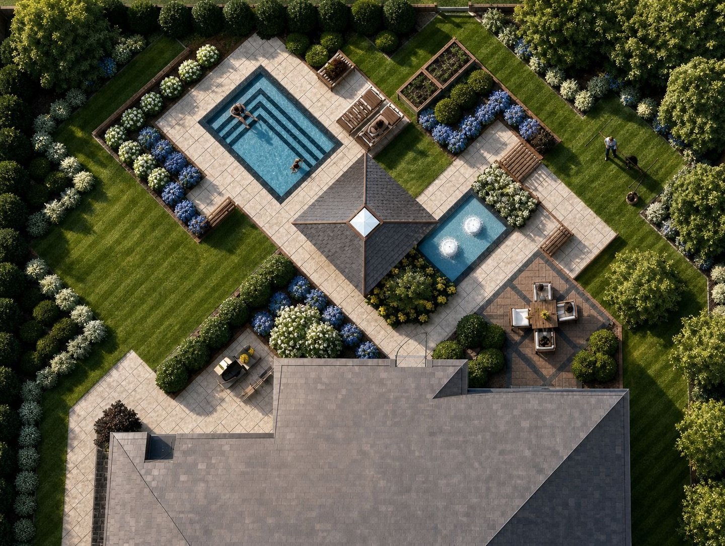 Aerial view of a luxury backyard landscape with a geometric swimming pool, garden pavilion, and stone patio.