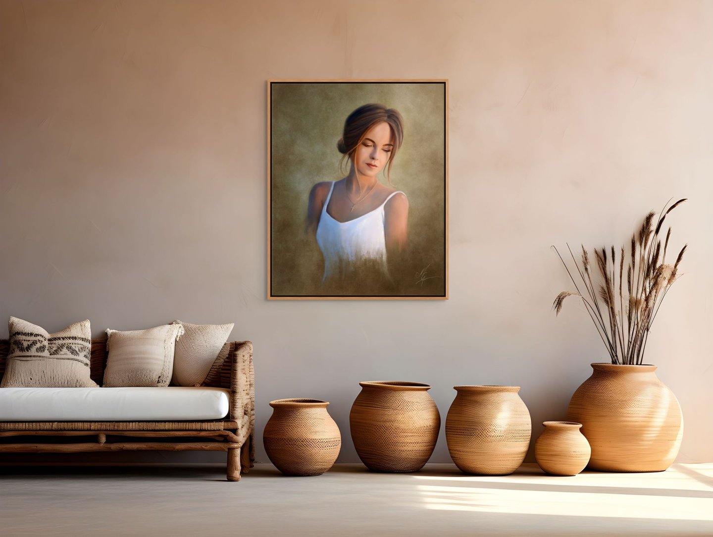 a living room with a couch and vases and painting of a young woman
