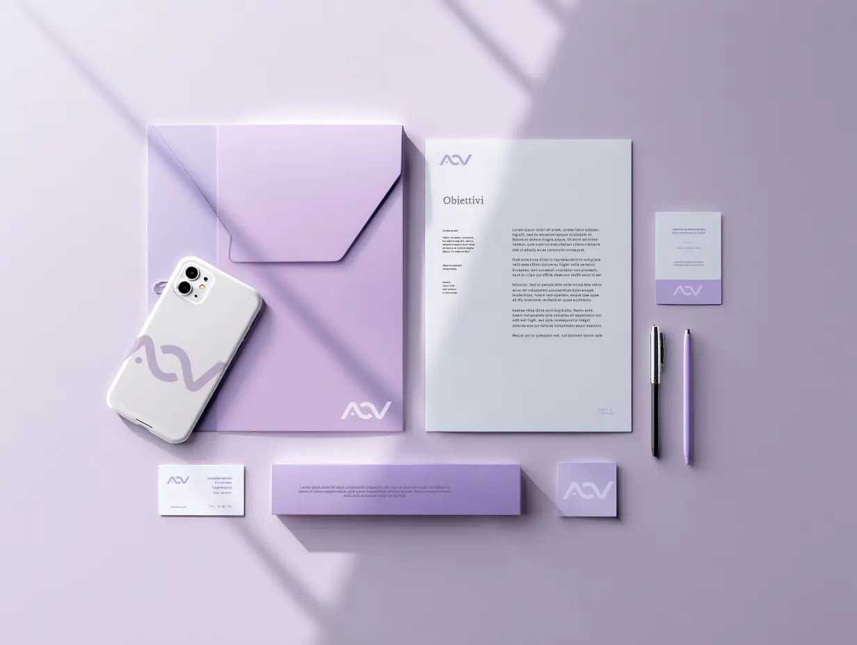 Cancelleria coordinata lilla per brand di servizi.