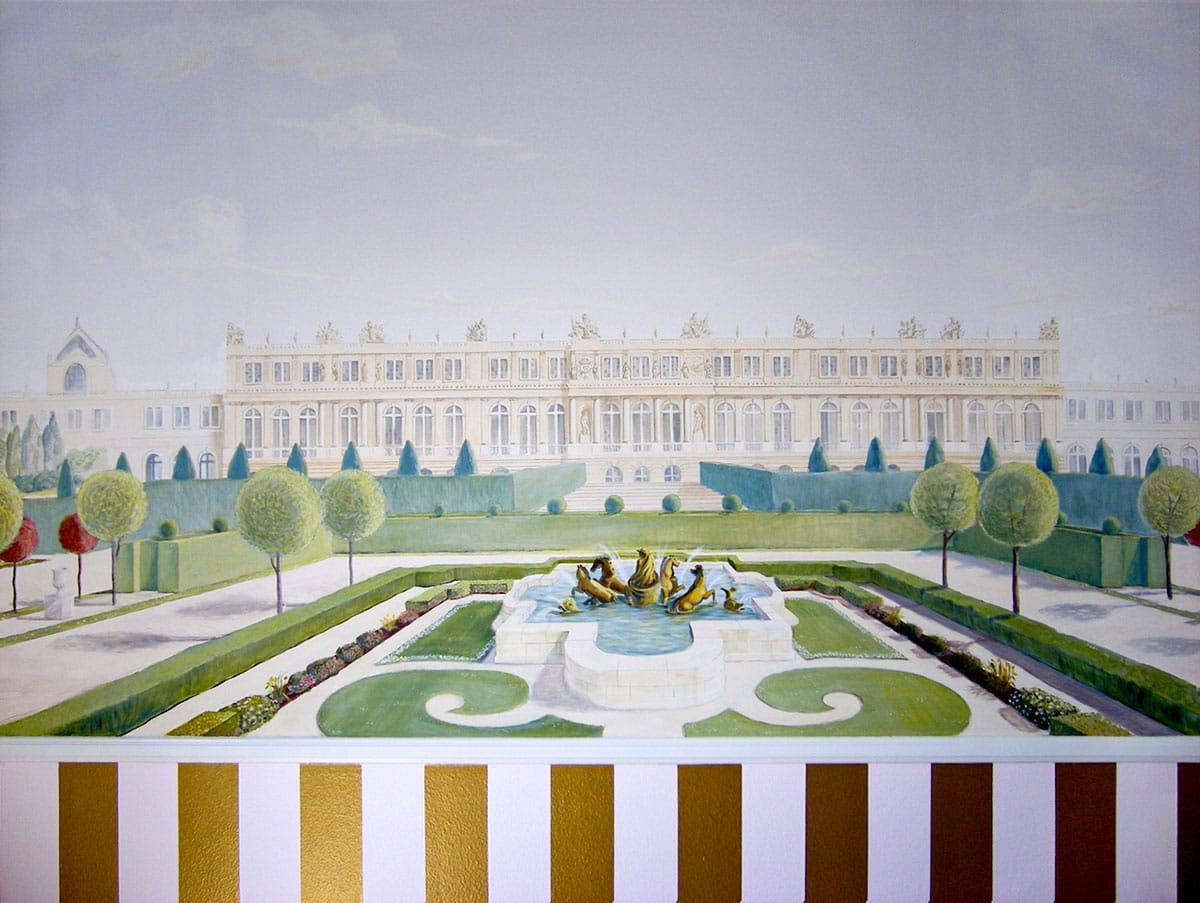 Segment of Kid's mural of Versailles and gardens and a pink and gold striped dado underneath.