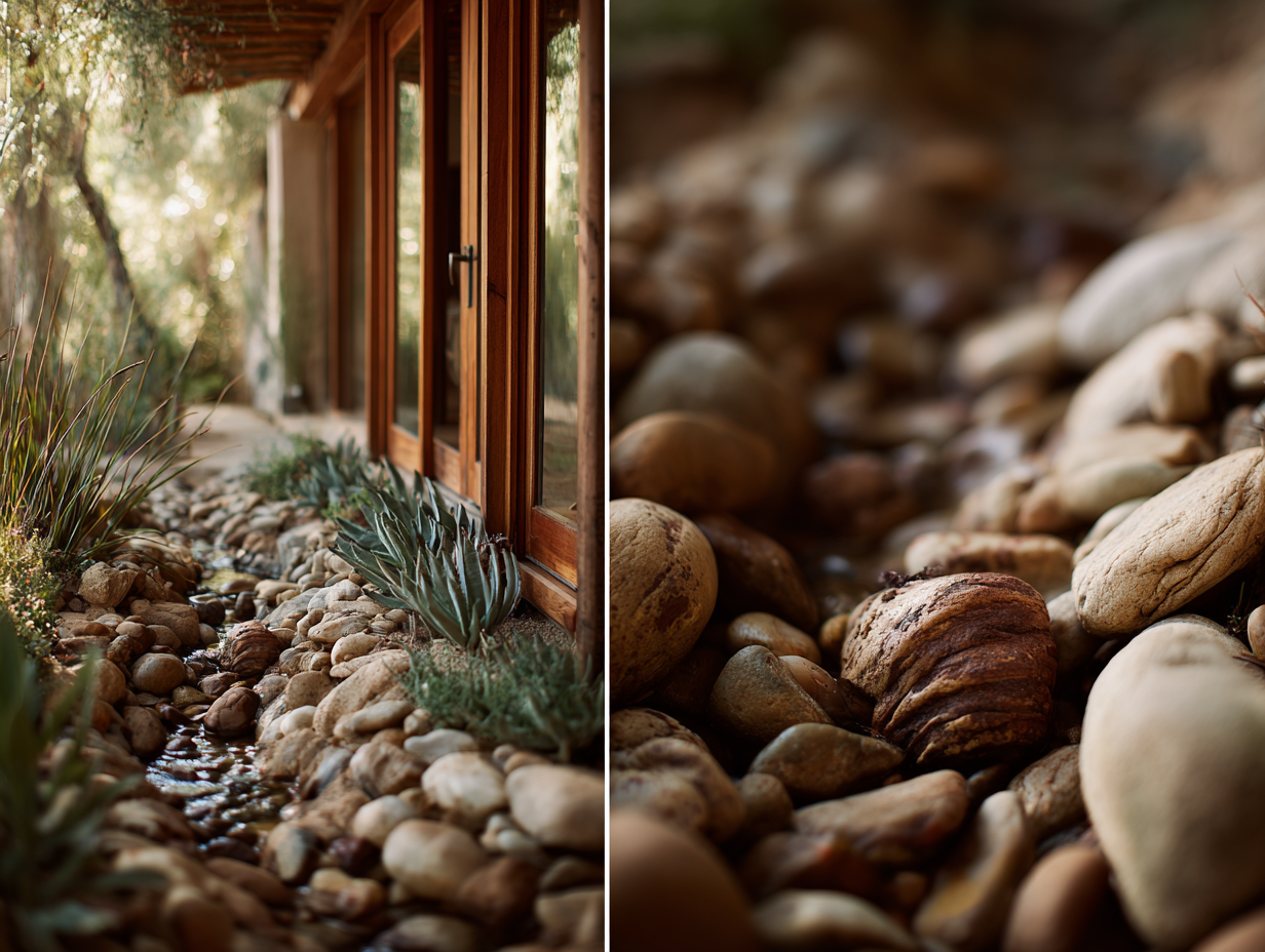 A small backyard garden stream with smooth river rocks and succulent plants next to a wooden house.