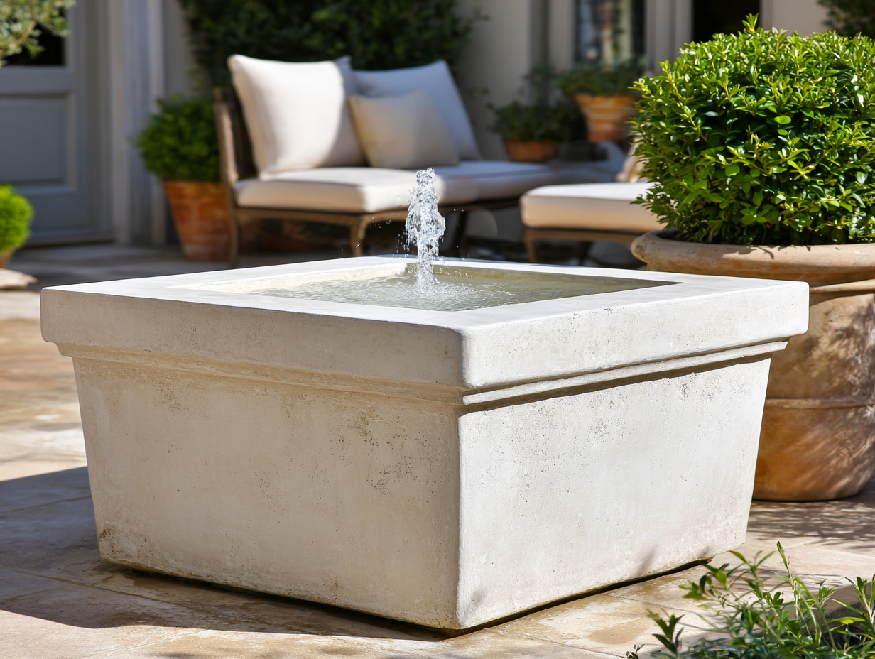 Modern square concrete garden fountain with a bubbling water feature on a luxury stone patio.