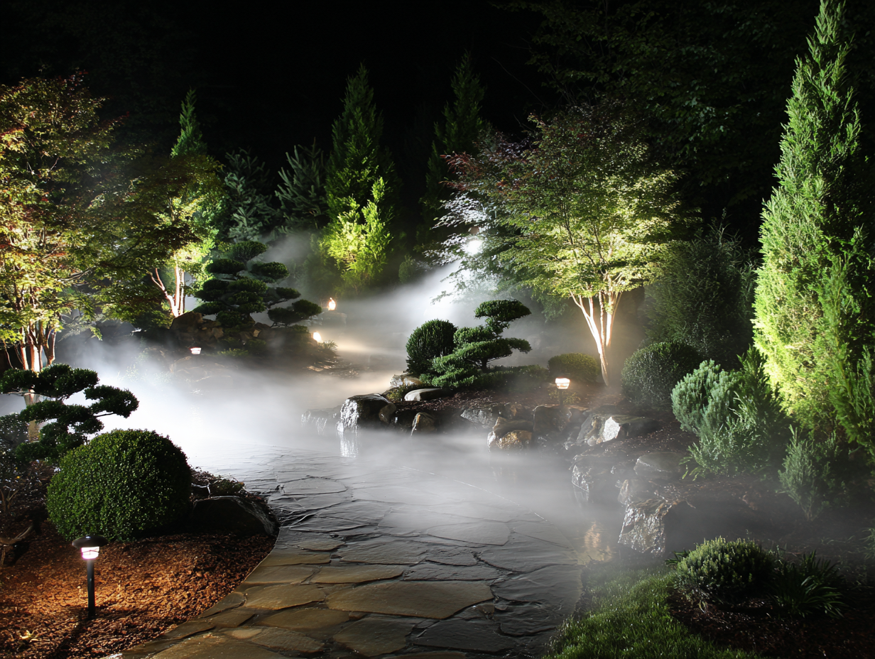 Illuminated stone garden path at night with low-voltage landscape lighting and atmospheric fog effects.