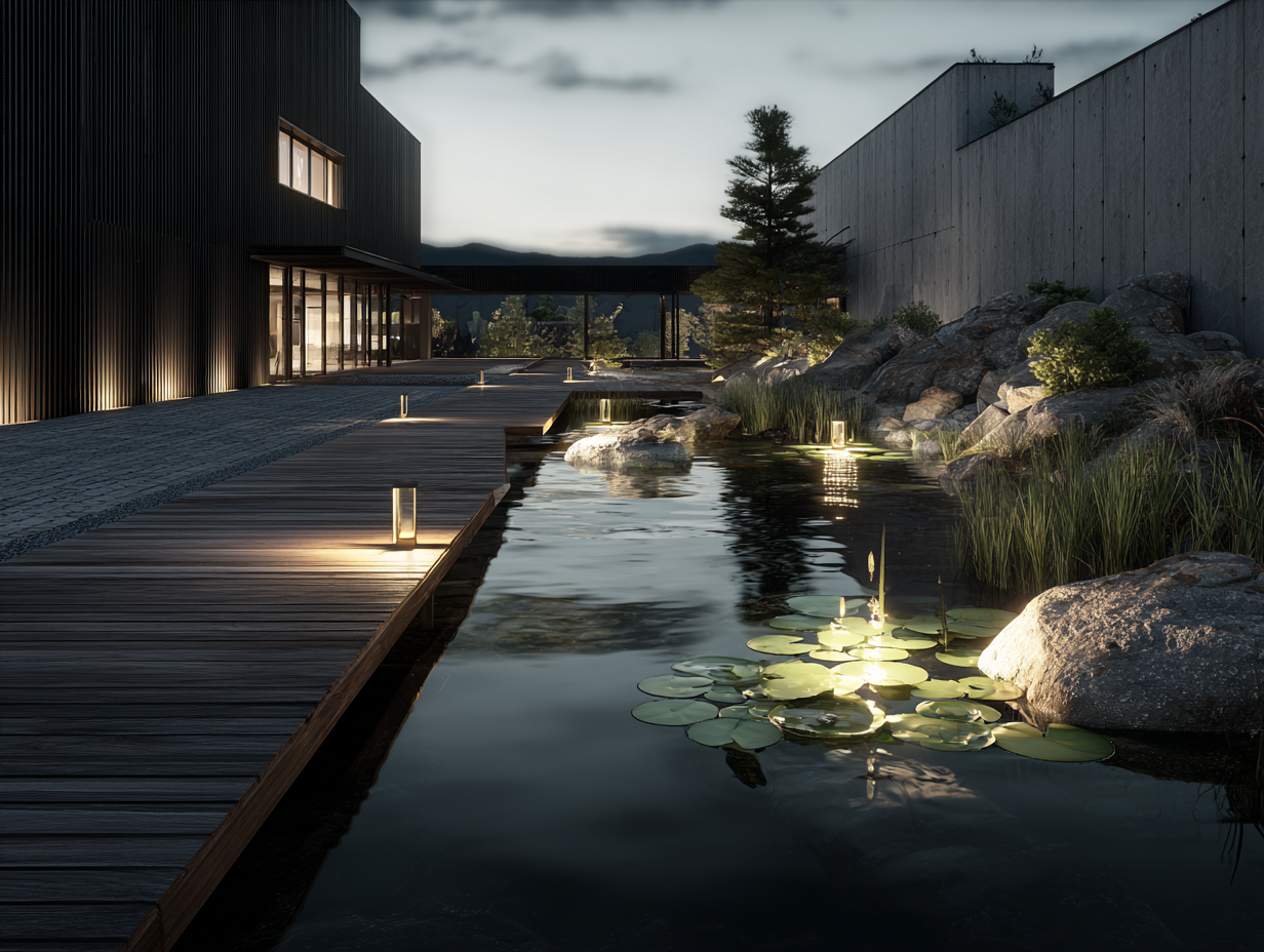Modern architectural courtyard with wooden boardwalk, pond with water lilies, and luxury evening lighting.