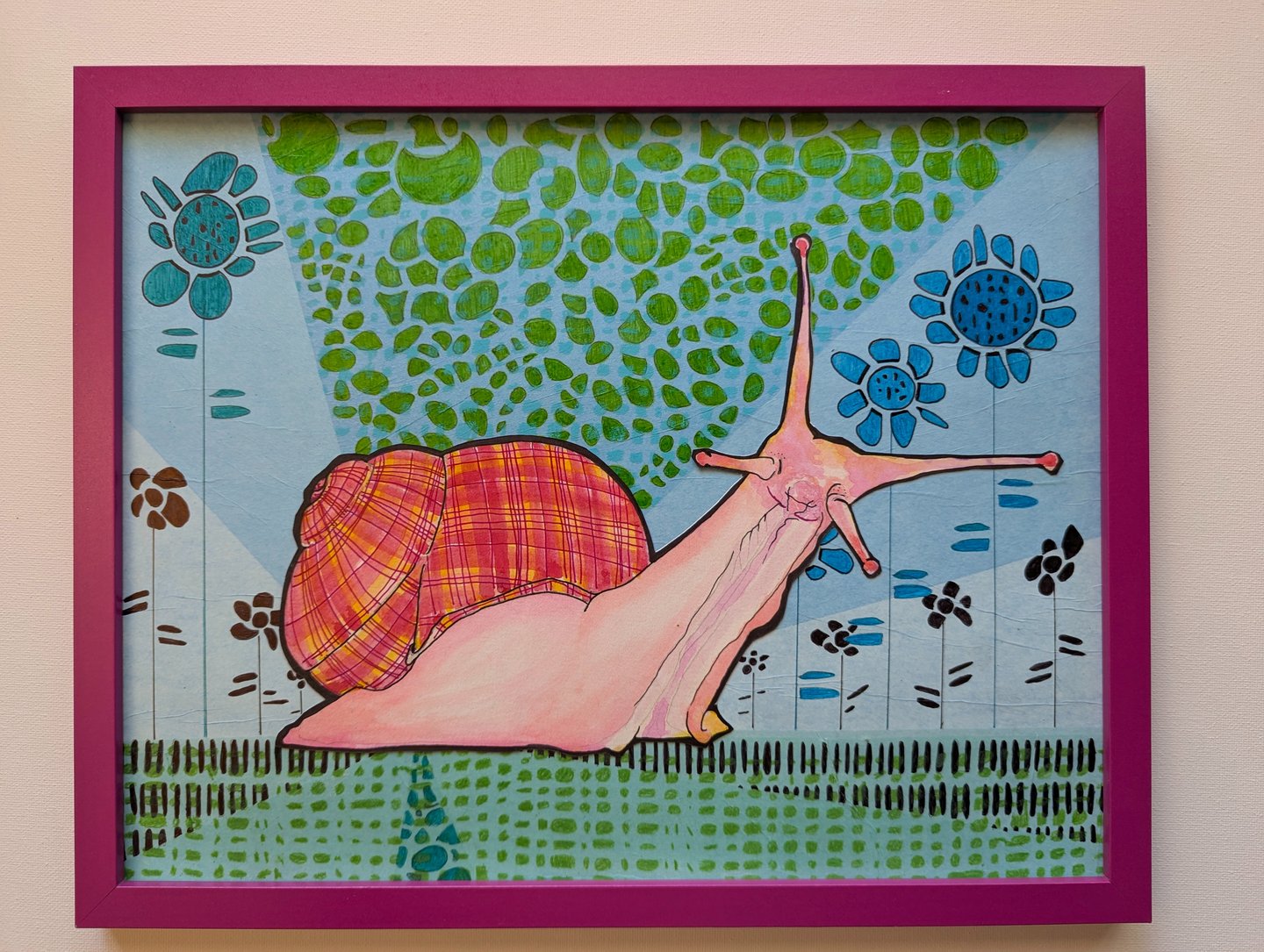 Bright pinks, blues, greens helix snail against a patterned colorful mid-mod design in a pink frame.