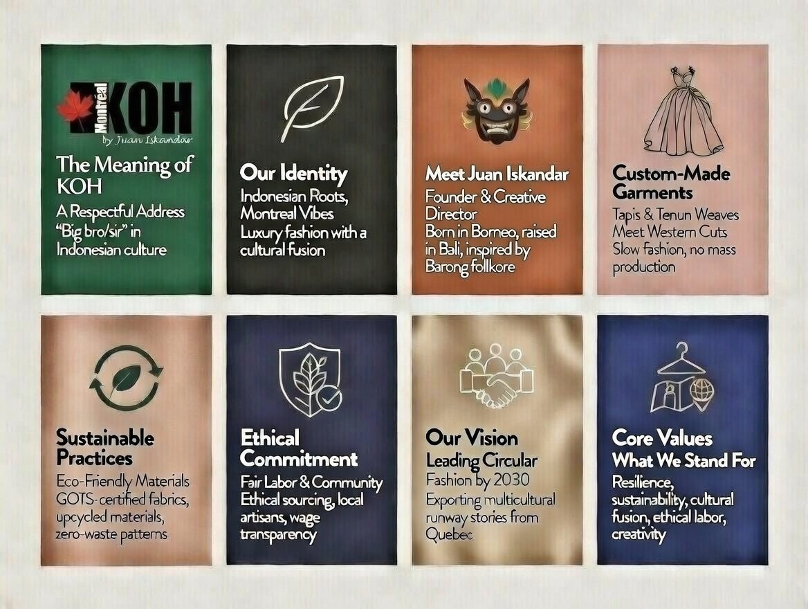 Brand overview of KOH Montreal sustainable fashion, featuring ethical practices and Indonesian heritage.