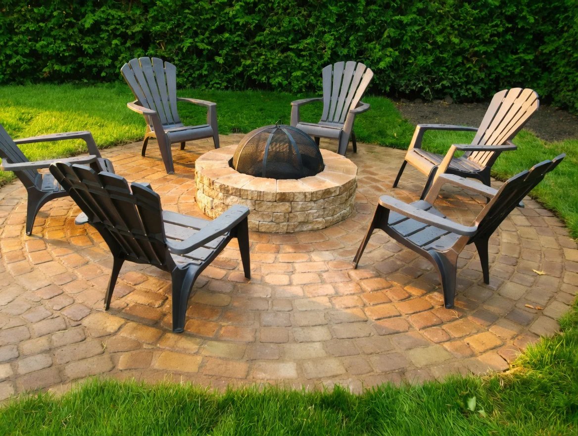 Foyer extérieur circulaire en pierre avec chaises Adirondack sur terrasse en pavés par M2 Paysage