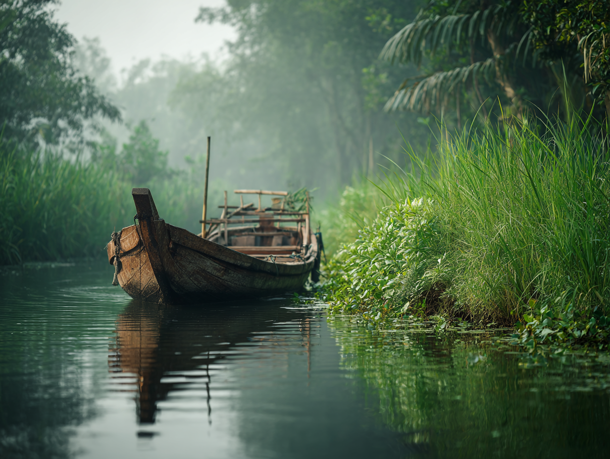 Une jonque au bord du Mekong dans la jungle