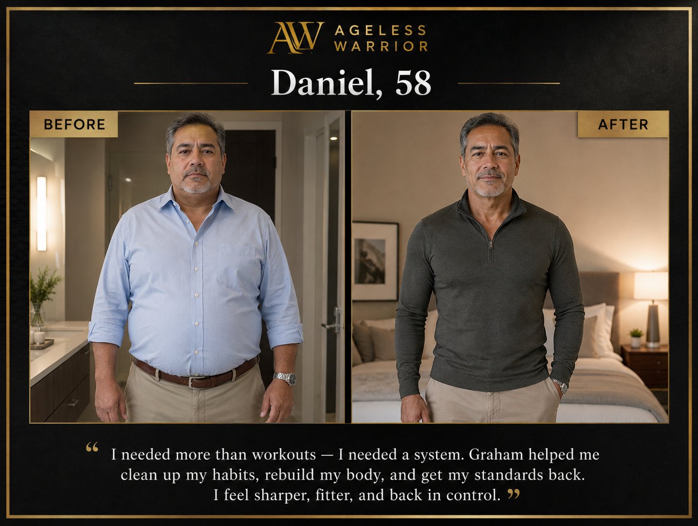 58-year-old man before and after fitness transformation with Ageless Warrior coaching