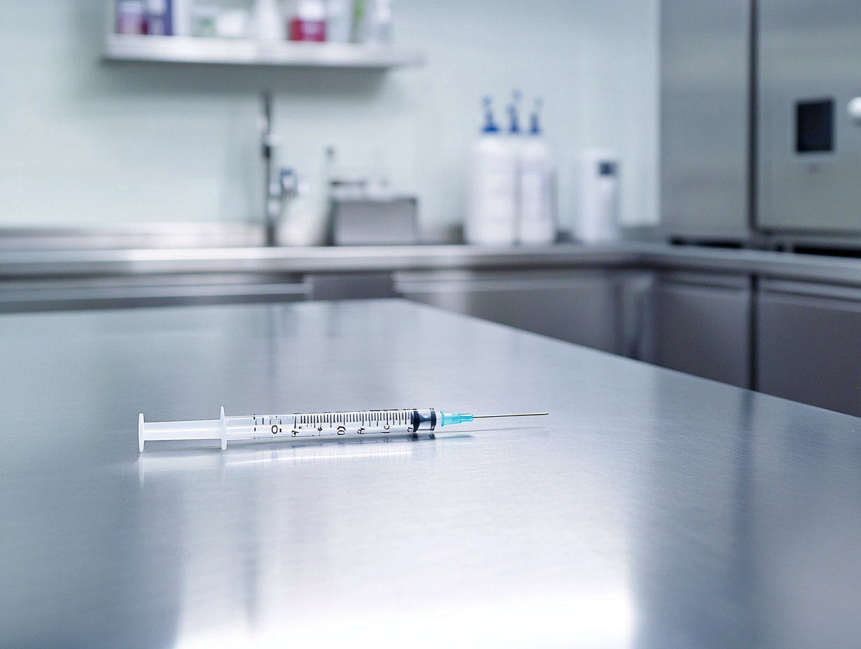 jeringa sobre la mesa de acero inoxidable de un laboratorio 