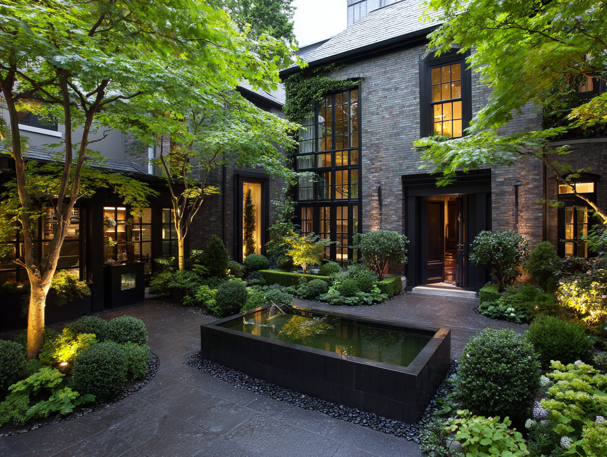 Modern luxury home courtyard with a stone water feature, lush green landscaping, and elegant brick architecture.