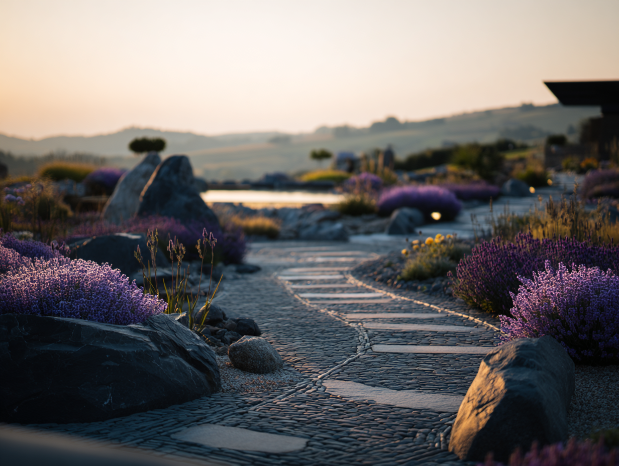 Modern luxury backyard garden featuring a stone fire pit bowl in a rectangular reflecting pool.