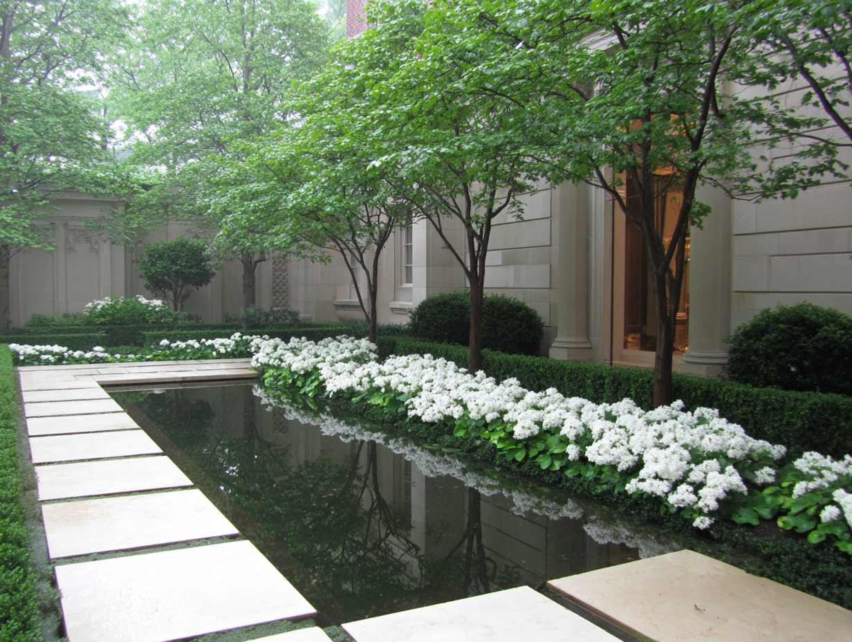 Elegant garden courtyard with white hydrangeas bordering a reflecting pool and stone pavers.