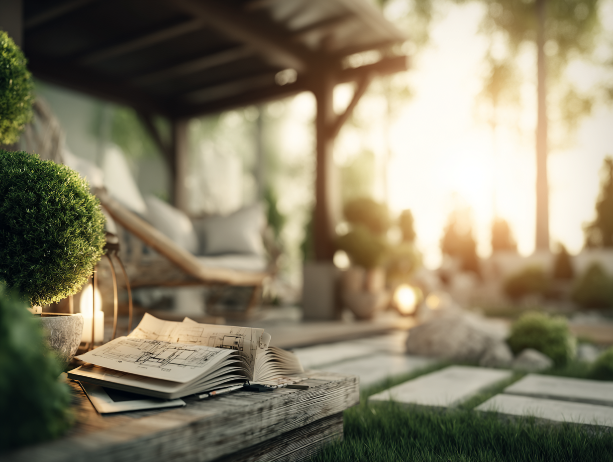 Architectural blueprints on a wooden deck in a modern landscaped garden at sunset.
