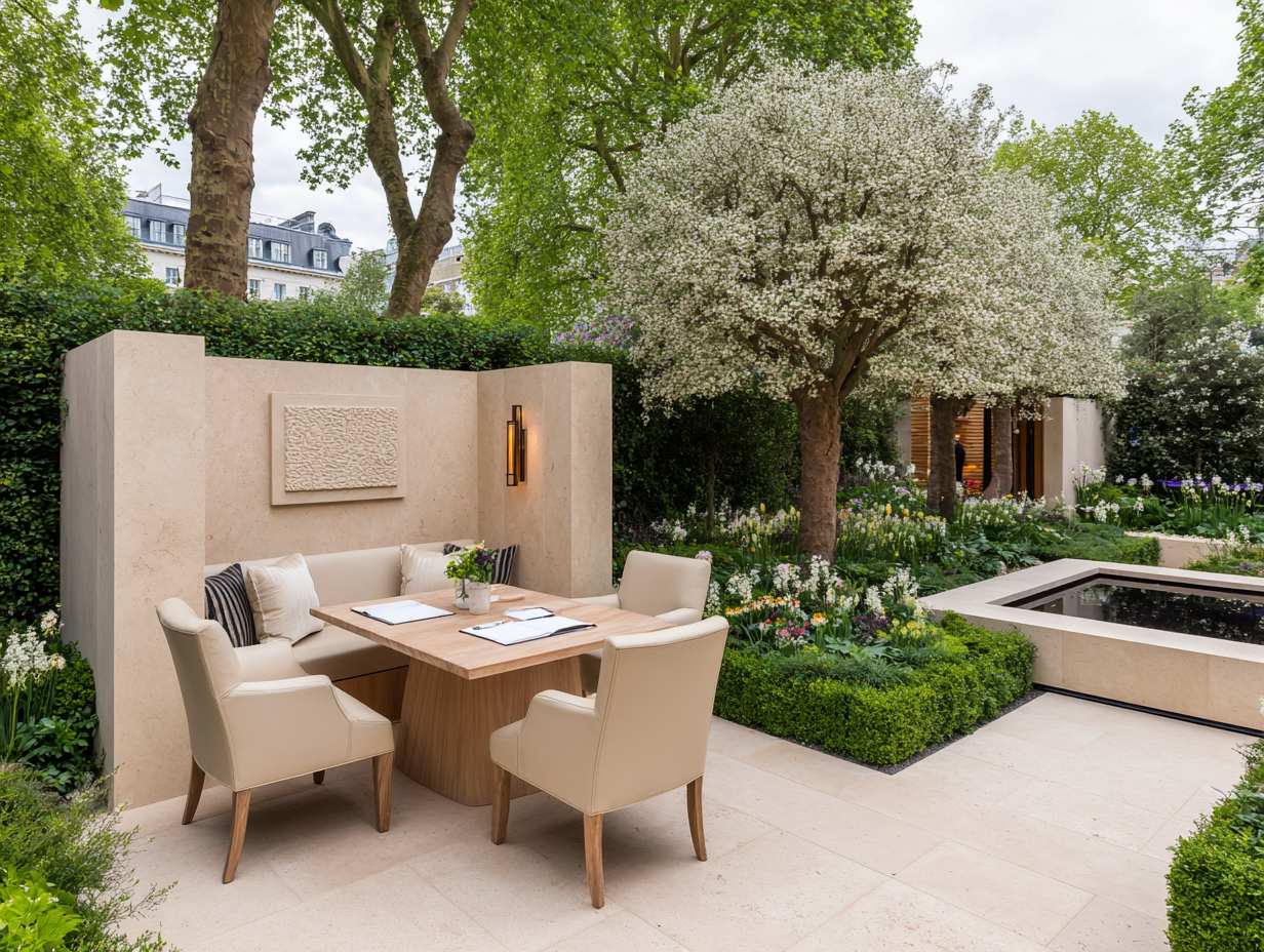 Modern luxury garden patio with a stone dining set, blooming white trees, and integrated landscaping.
