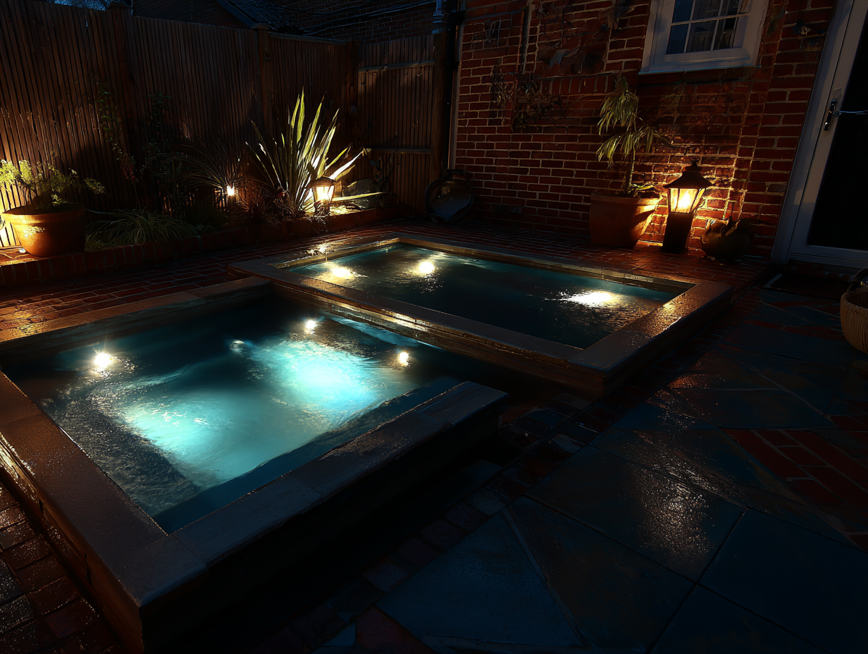 Illuminated luxury backyard swimming pools with underwater LED lights and outdoor garden lighting.