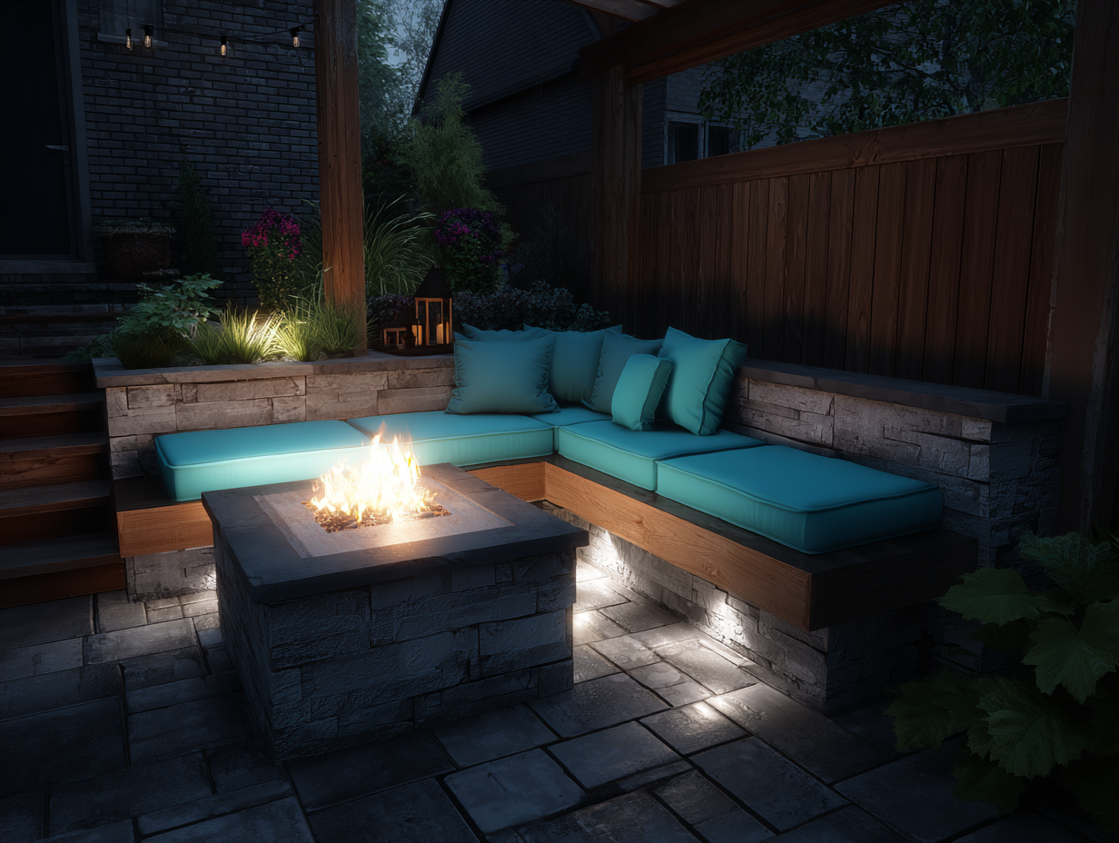 Modern patio design featuring a stone fire pit and built-in bench with teal cushions.