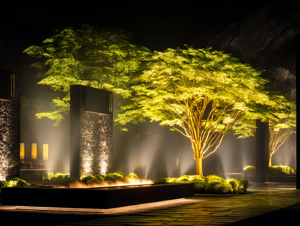 Illuminated modern landscape design featuring backlit trees and a linear fire pit at night.