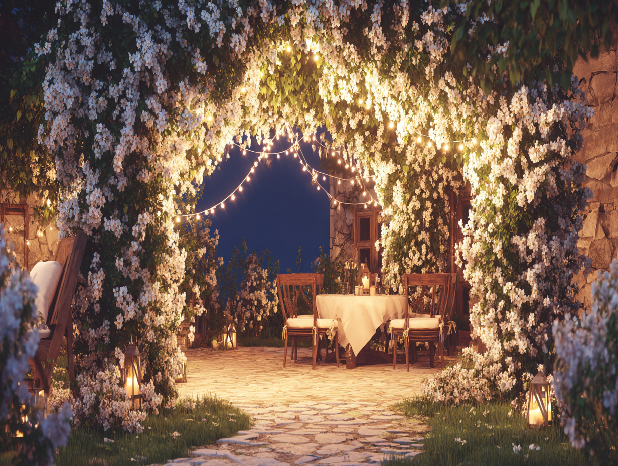 Romantic outdoor dining table under a floral archway with glowing fairy lights at night.