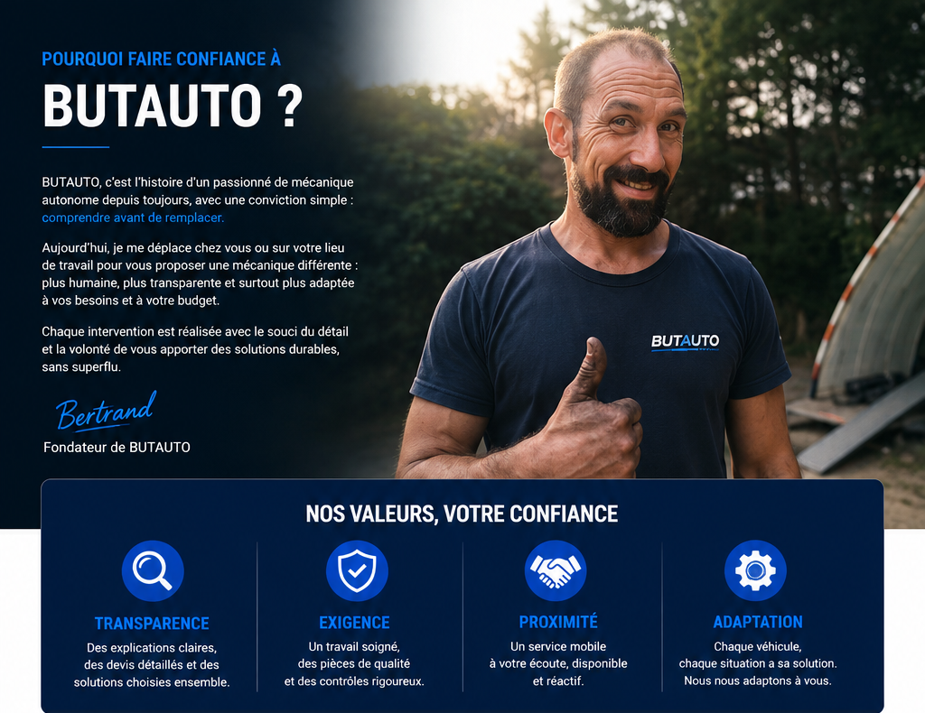 Bertrand, founder of BUTAUTO mobile mechanic service, giving a thumbs up next to company values.
