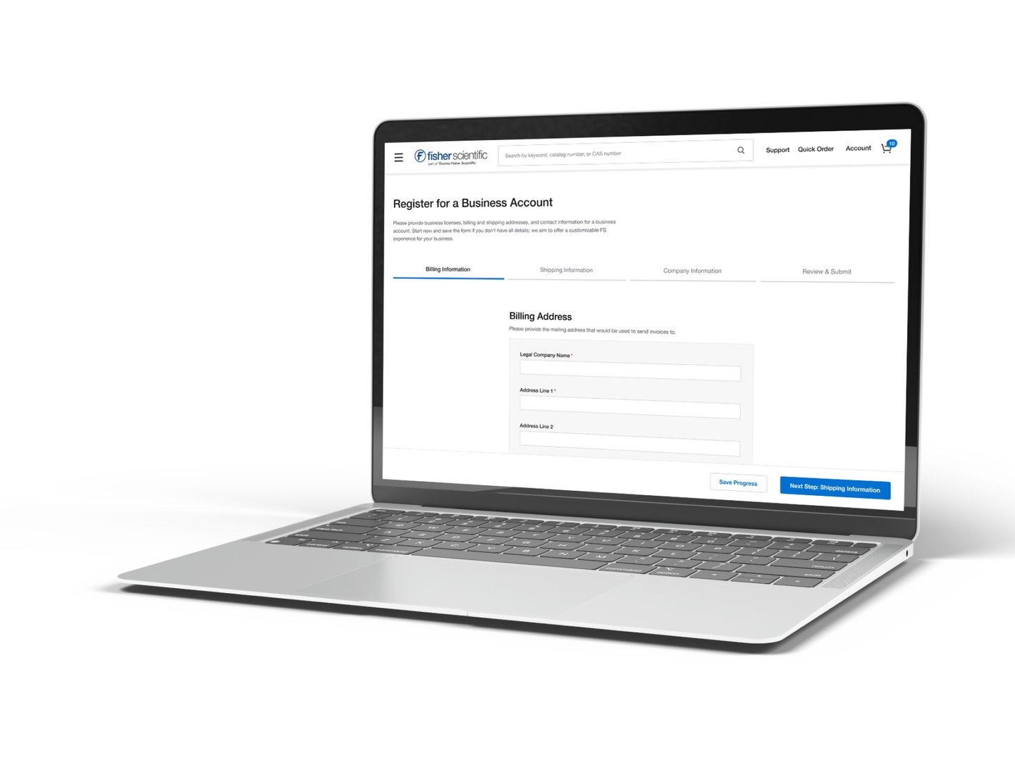 Fisher Scientific business account registration form displayed on a silver laptop screen.