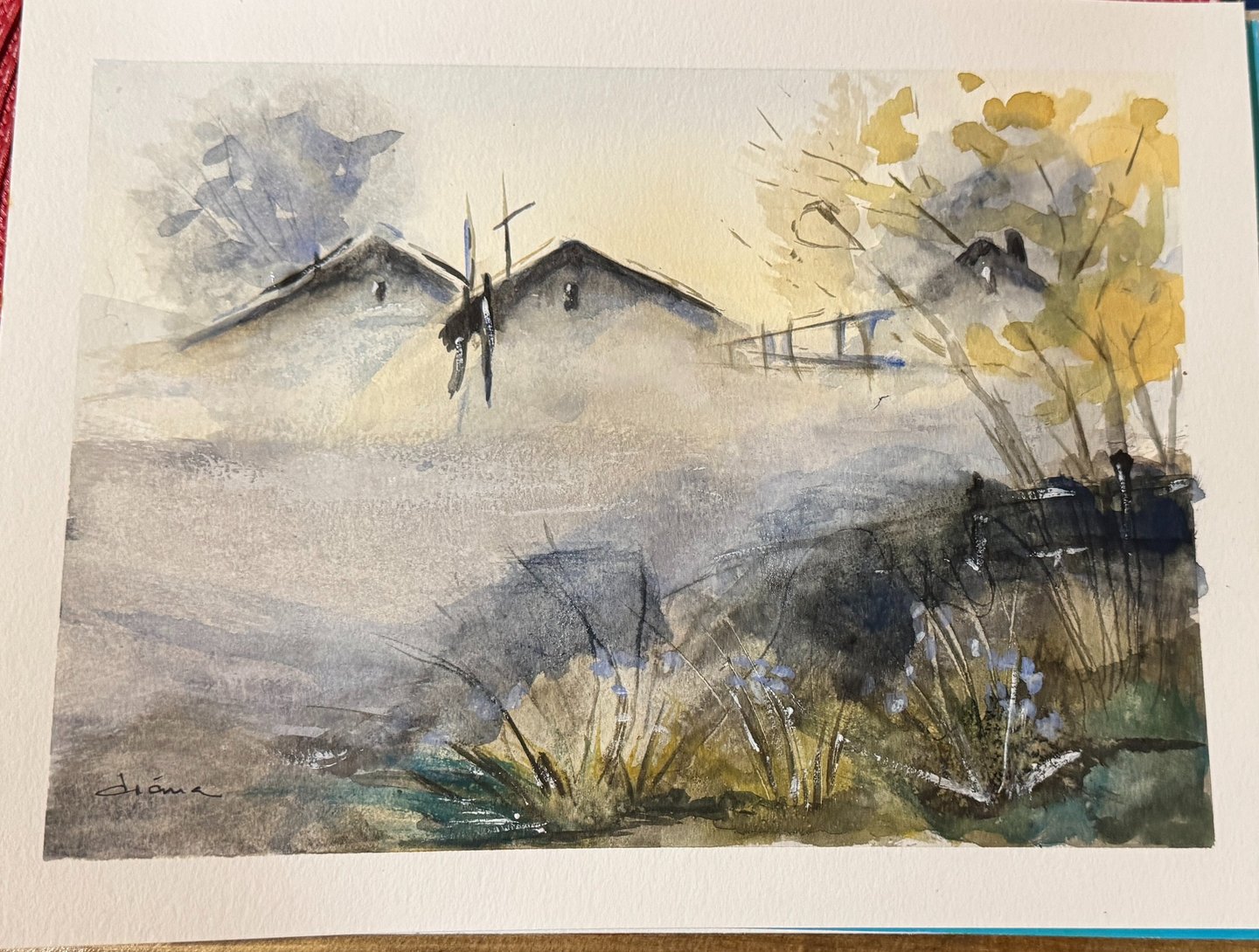 Serene landscape watercolor painting "Misty Awakening" by Diana Q, evoking calm and new beginnings i
