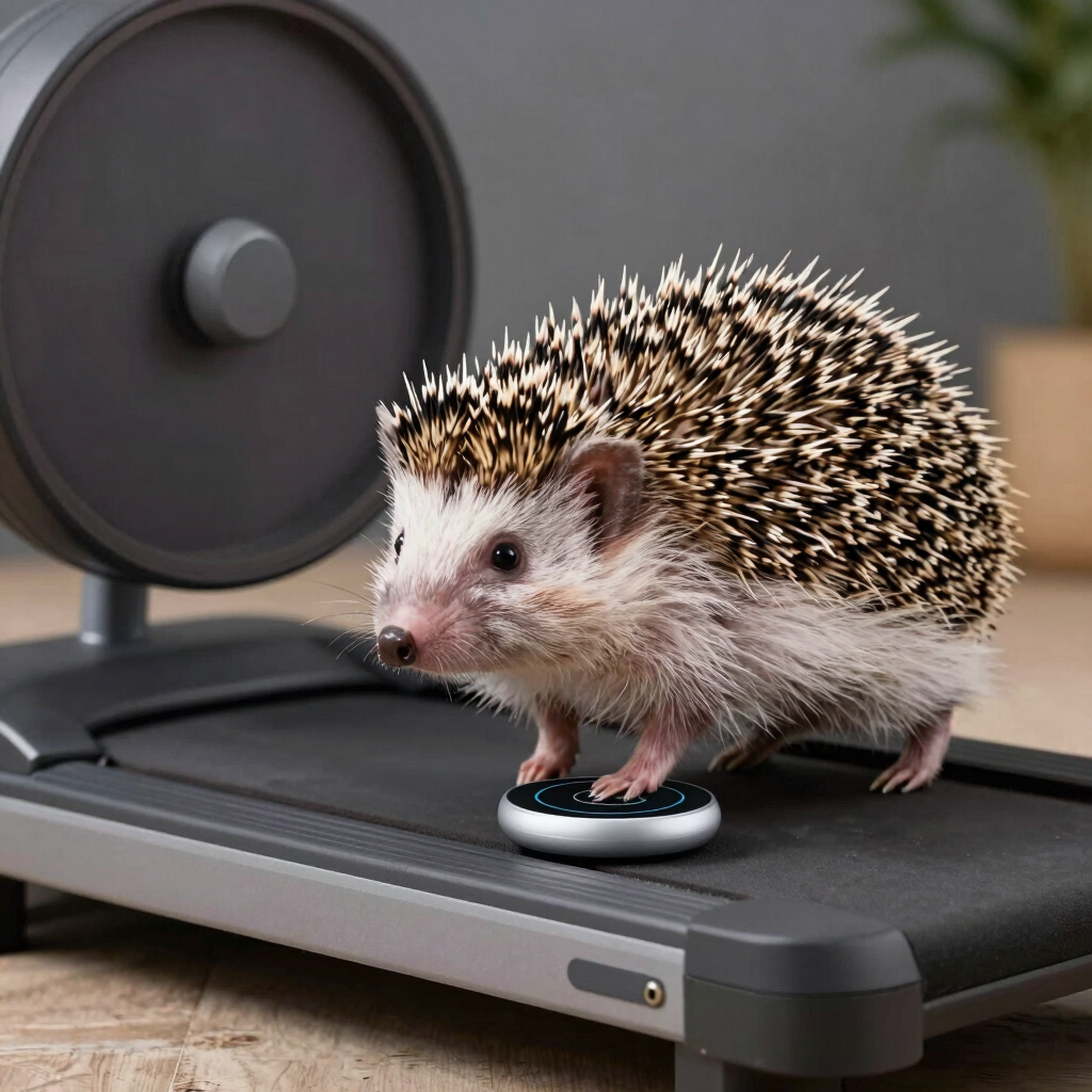 a hedgehog exercising at night with a smart pet fitness device