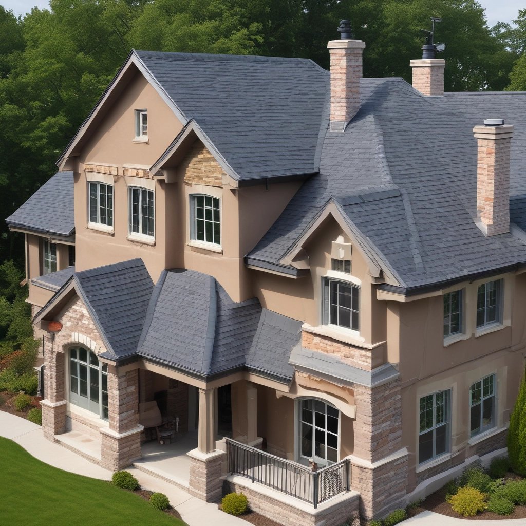 A two-story house under renovation with new brickwork being added. A black tarp covers construction materials in the foreground, surrounded by wood and other building materials. The house features a light brown exterior with two windows on the upper floor, white-framed doors, and a partially completed extension on the ground floor.