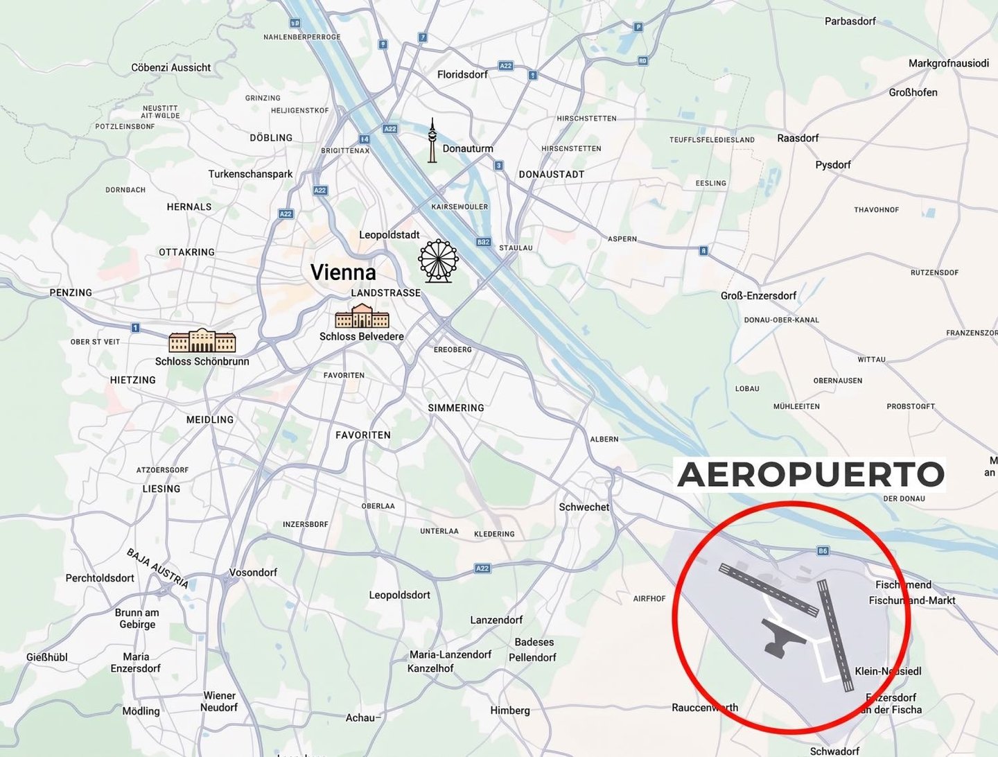Mapa de Viena con la ubicación del aeropuerto resaltada en un círculo rojo al sureste de la ciudad