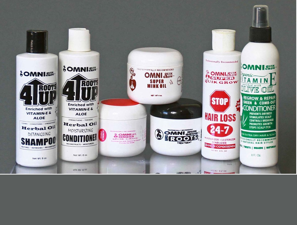 Omni World hair care products including herbal oil shampoo, conditioner, and hair loss treatments.