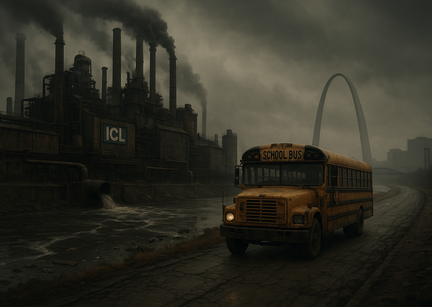 A dystopian view of St. Louis with polluted air and a school bus traveling past a giant ICL plant
