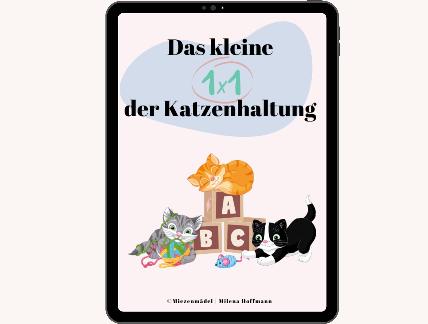 ein Tablet mit dem Cover eines E-Books, auf dem Katzen am spielen sind
