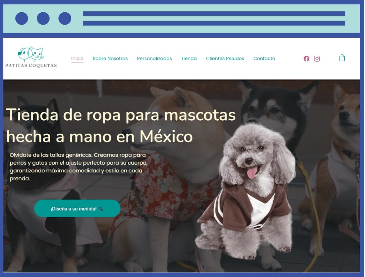Handmade pet clothing website featuring dogs wearing stylish custom sweaters and outfits in Mexico.
