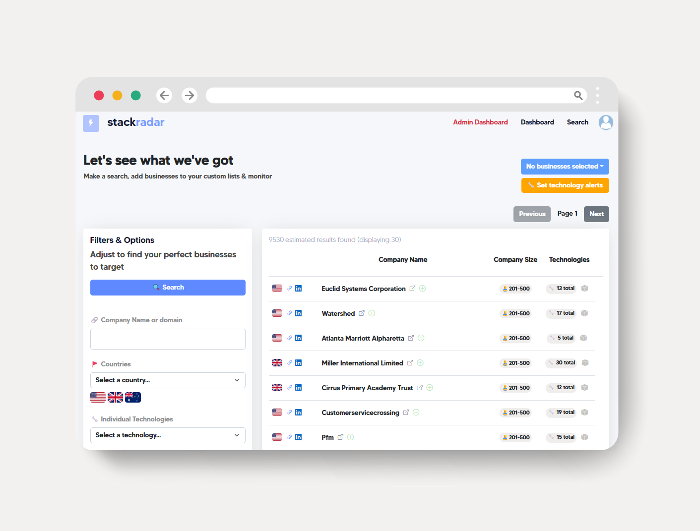 Stack Radar dashboard interface showing business search results with filters by country, technology,