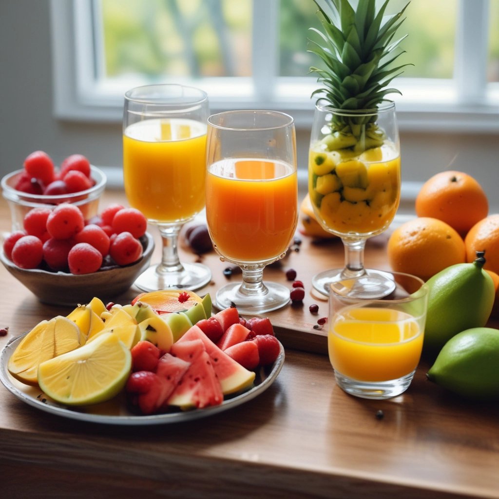 A vibrant kitchen scene with fresh fruits and vegetables arranged around a blender making a detox juice.