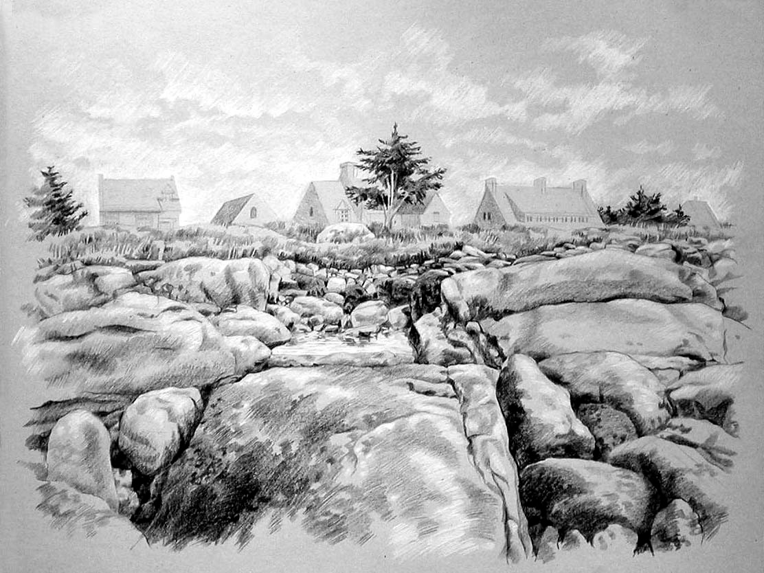 Dessin de paysage représentant des rochers en Bretagne