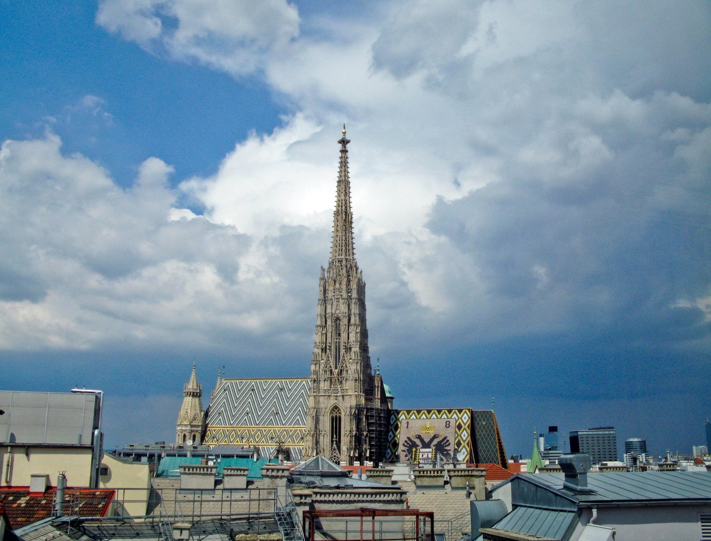 St. Stephen's Cathedral in Vienna featuring its Gothic spire and patterned tile roof under a cloudy sky.