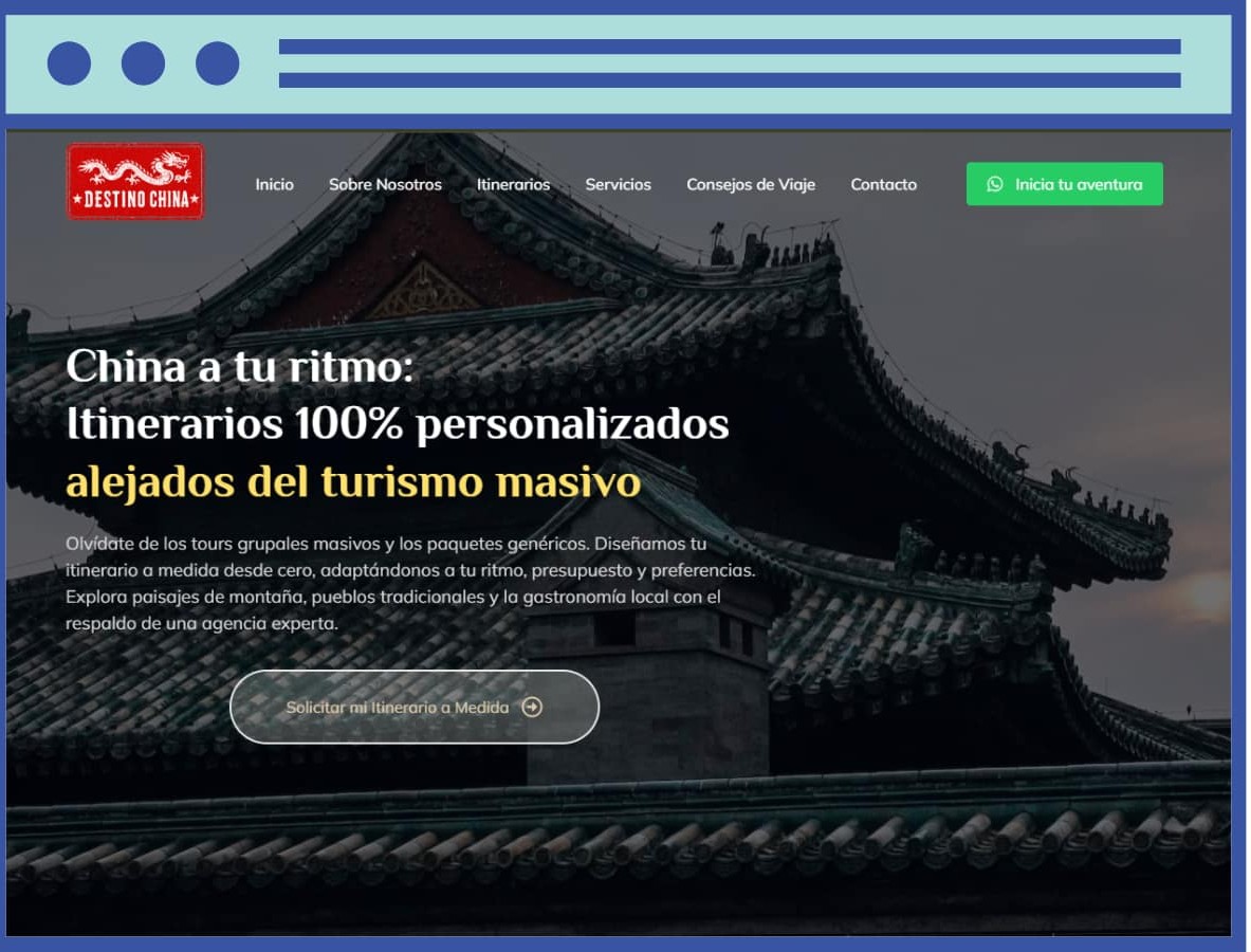 Destino China website offering personalized travel itineraries to traditional Chinese pagodas and landscapes.