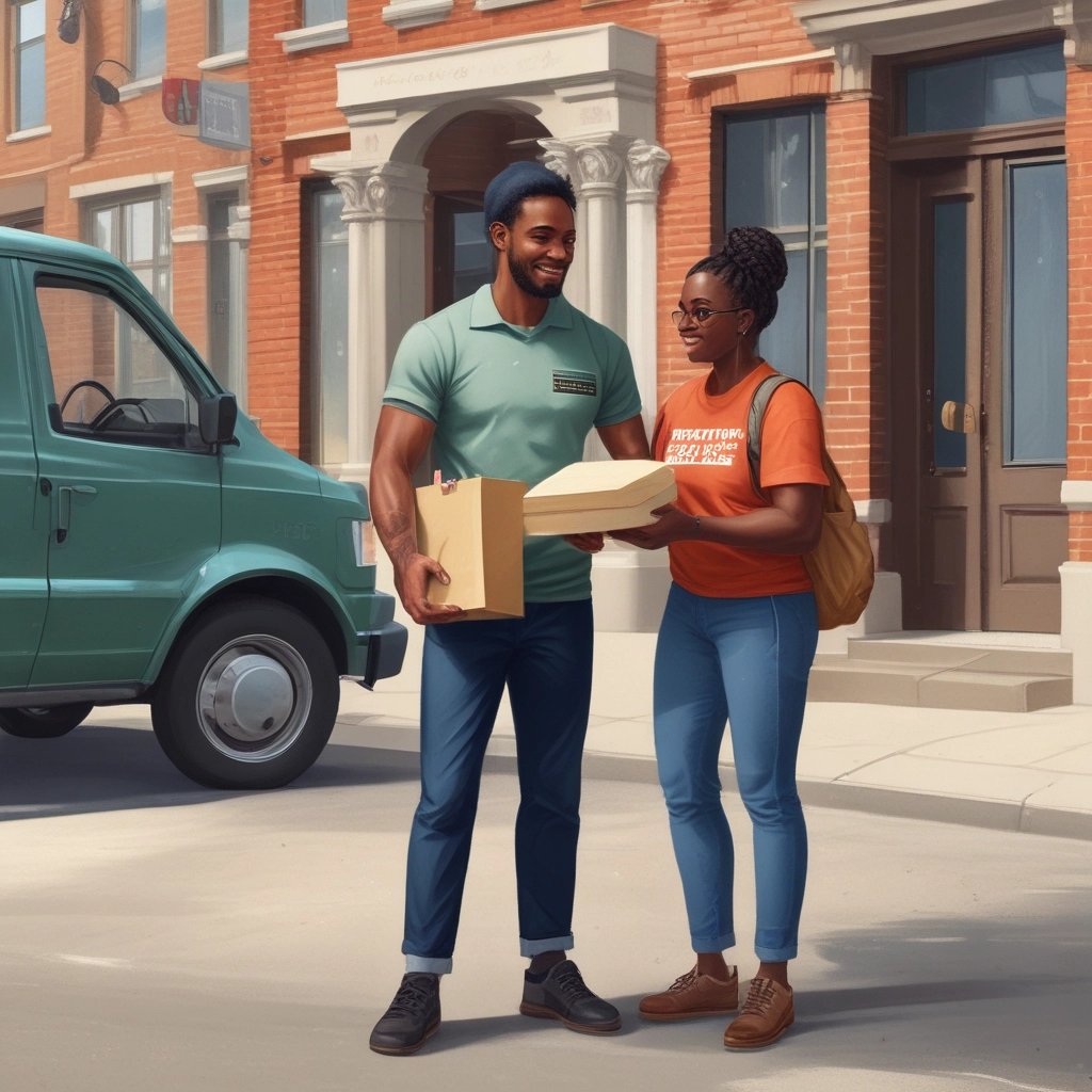 A joyful delivery person handing over a parcel to a happy customer at their doorstep.