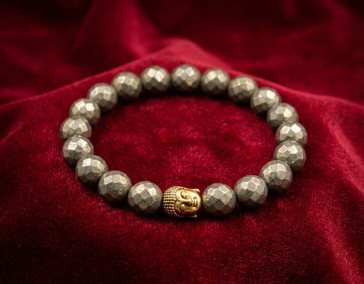 Pyrite bracelet with a golden buddha charm