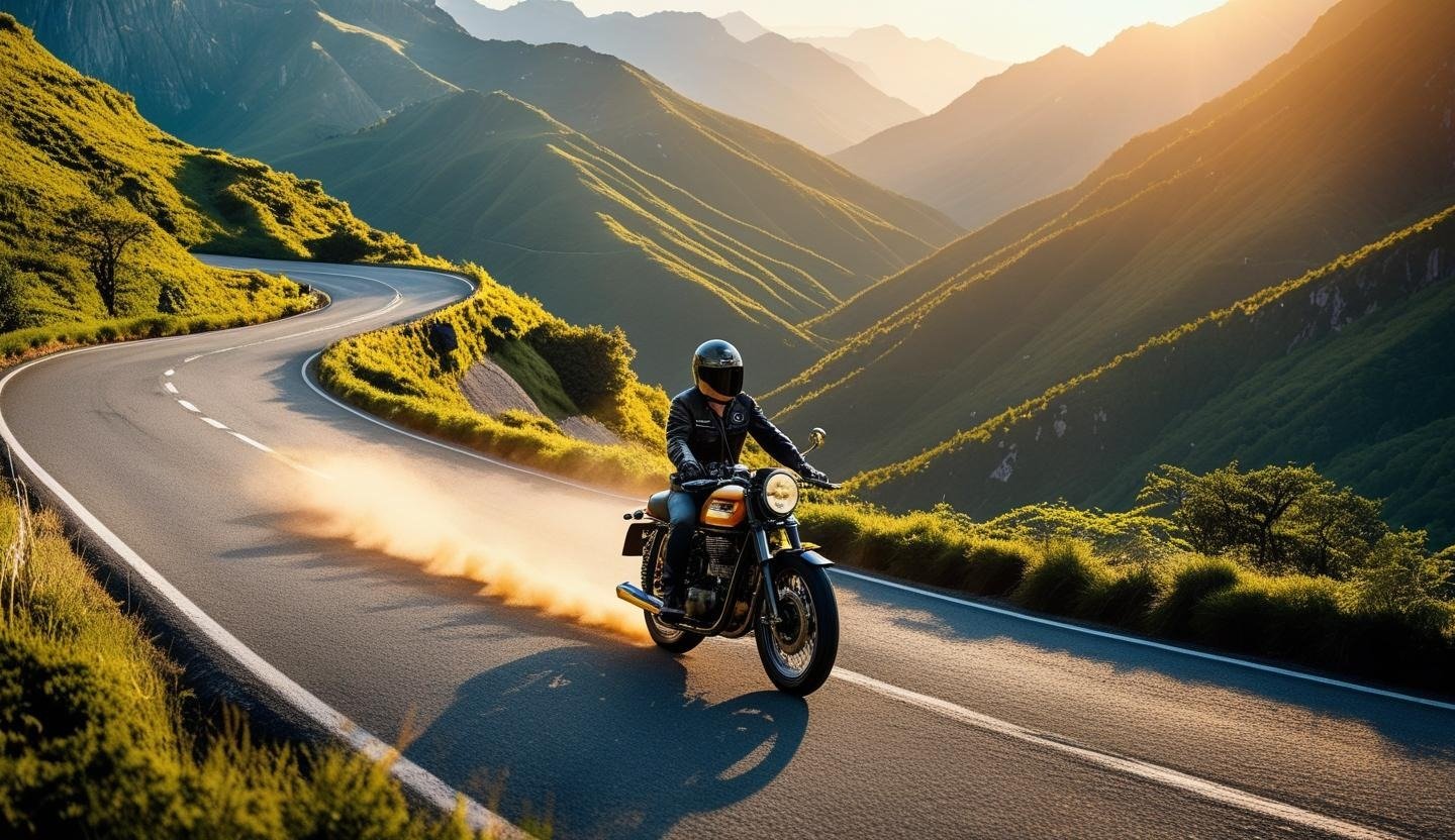 A vibrant panoramic photograph of a winding mountain road, bathed in the golden light of sunset, with a lone motorcycle speed