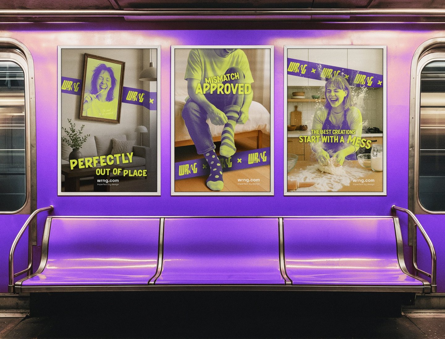 A poster mockup for the WRNG brand, inside of a train