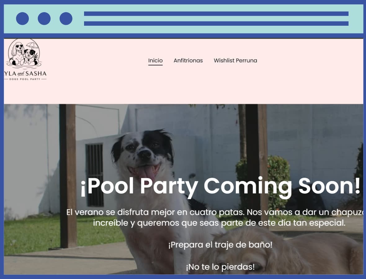 Website banner for a dogs pool party event featuring a black and white dog outdoors.