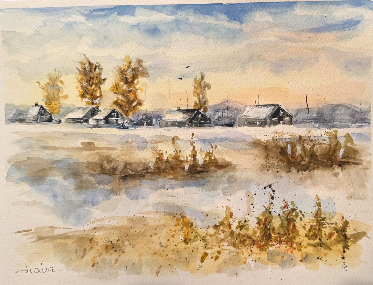 a watercolor painting of a snowy peaceful farm community. Art will get you with its