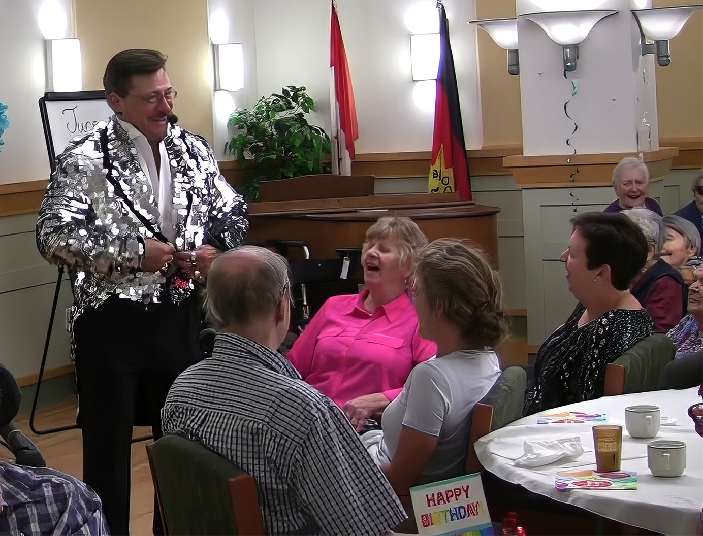 "Seniors entertainer 'HencetheOutfit' performing at Buchanon Lodge in New Westminster, Canada"