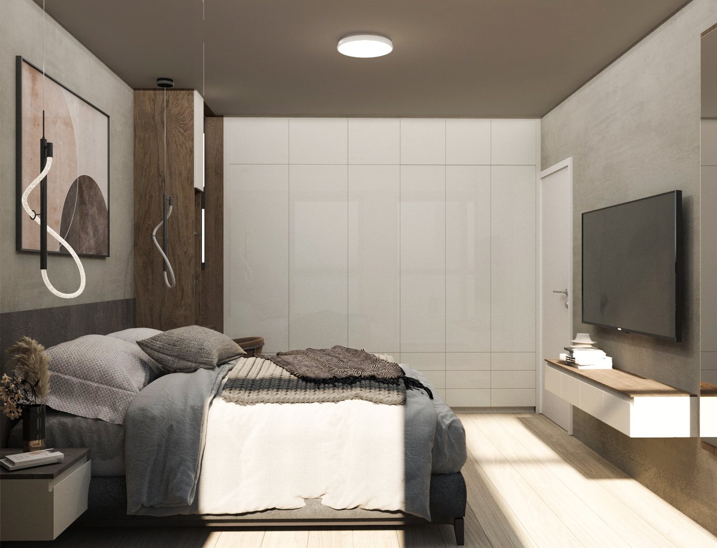 A contemporary bedroom featuring a bed, a television, and a desk, showcasing a stylish,functional