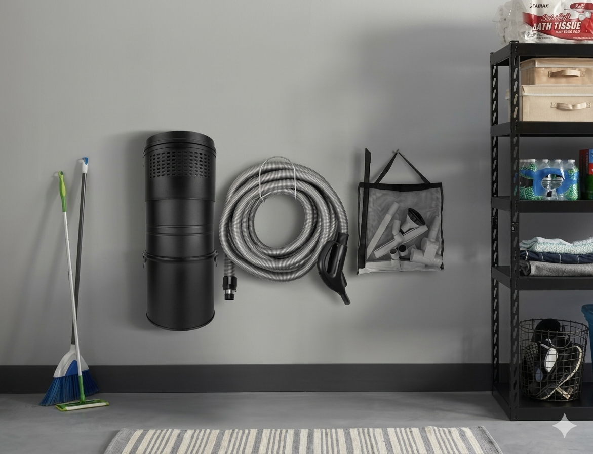 Central Vaccum located in finished garage, hung neatly on wall.