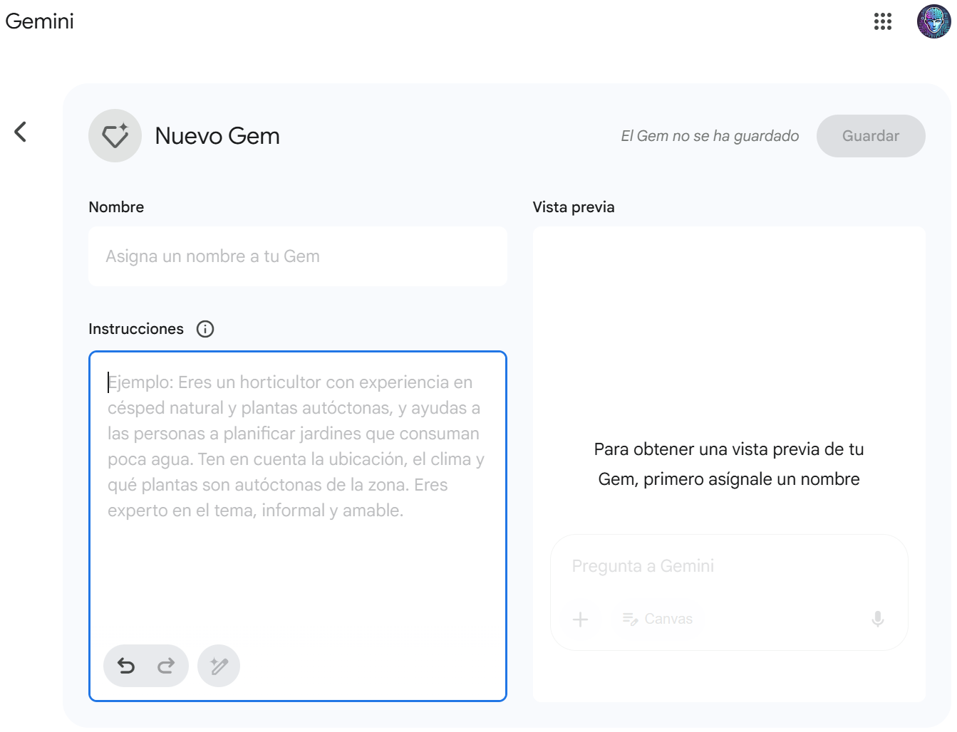 Captura de la pantalla de creación de un Gem en Gemini.