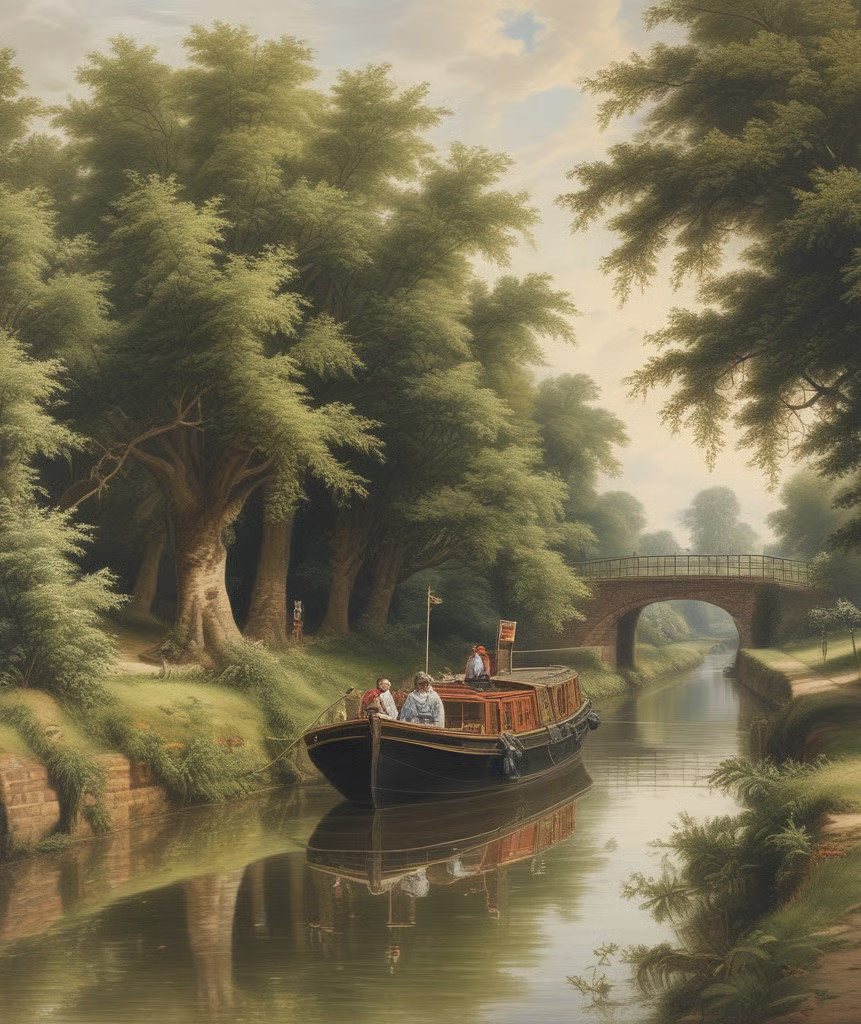 Image of a narrowboat on a canal in a rural area of England.
