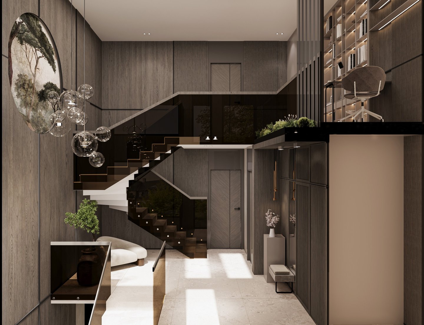 Villa T antalya galeri boşluğu ve merdiven alanı iç mimari tasarımı-La Féra Interior Design